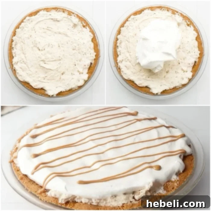 Peanut Butter Bliss Pie 7 The Nutter Butter pie filling spread into the crust, topped with Cool Whip and ready for chilling.