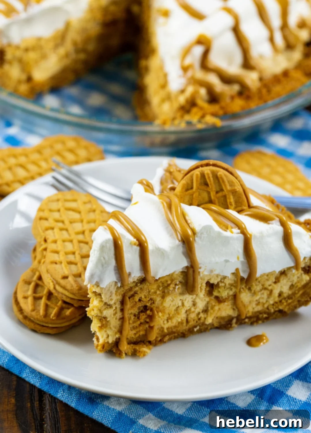 Peanut Butter Bliss Pie 8 A slice of Nutter Butter Pie garnished with two whole Nutter Butter cookies, highlighting its creamy texture and rich peanut butter flavor.