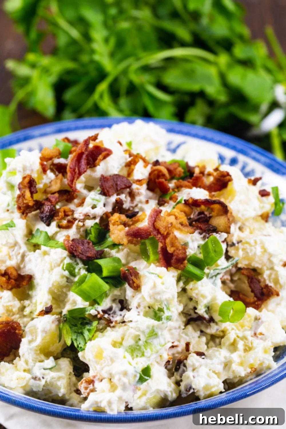 Creamy Bacon Potato Salad 4 Close-up shot of Sour Cream and Bacon Potato Salad in a bowl, generously topped with crumbled crispy bacon and freshly sliced green onions.