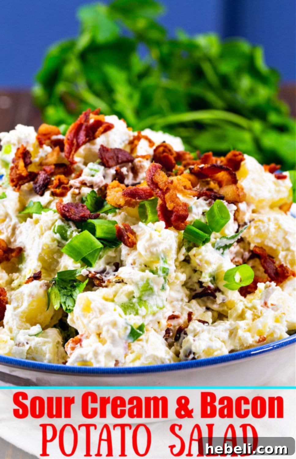 Creamy Bacon Potato Salad 5 A large serving spoon scooping a portion of the creamy Sour Cream and Bacon Potato Salad from a bowl, highlighting its texture and ingredients.
