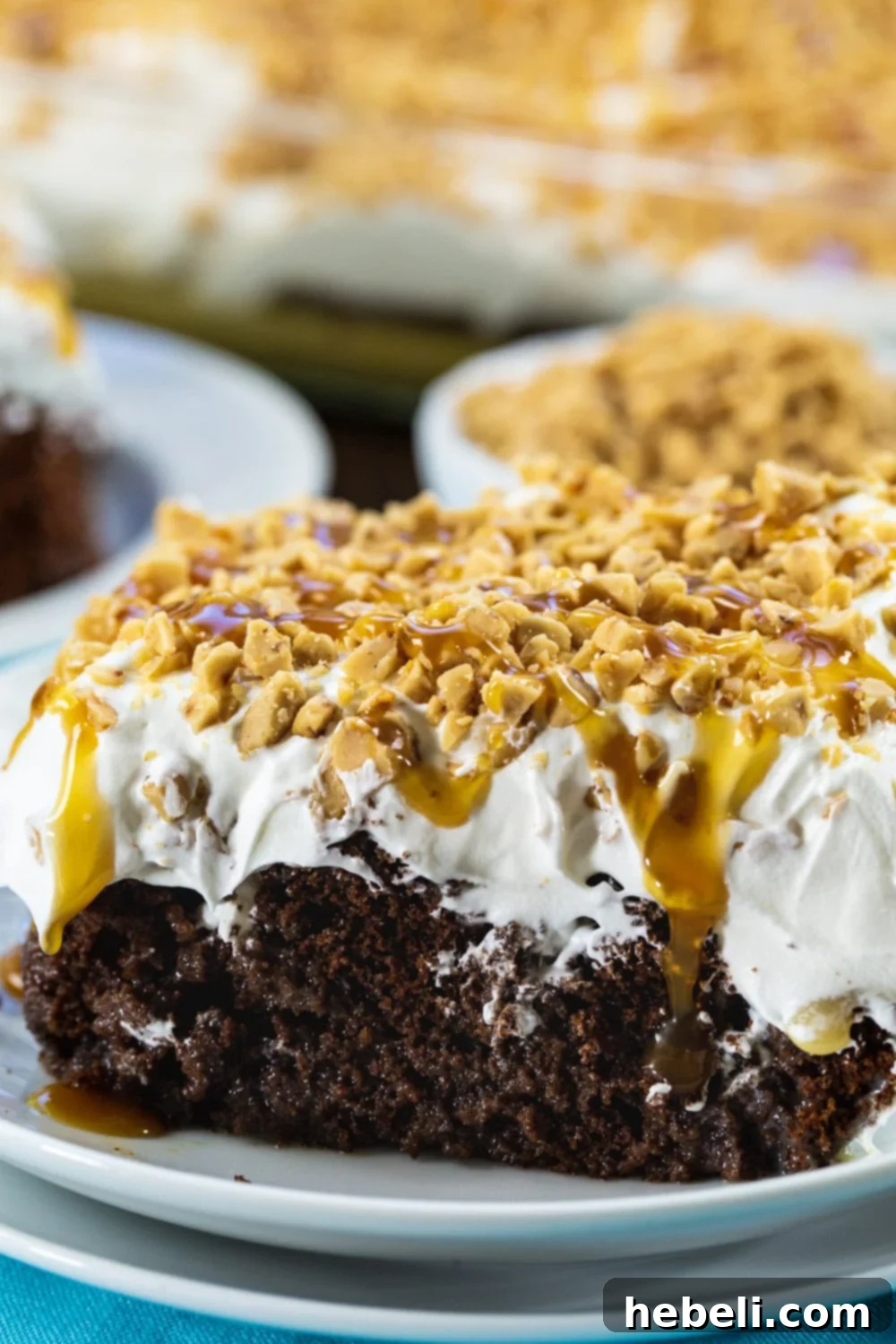 A close-up shot of a piece of Toffee Poke Cake, showing the layers of chocolate cake, the infused caramel, and the fluffy whipped topping with toffee pieces.