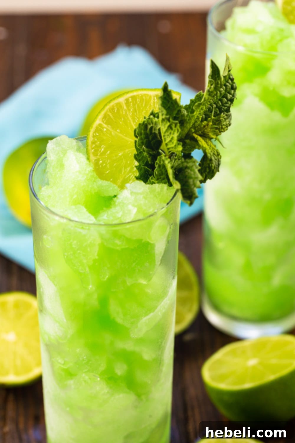 Close-up of frozen Mojito Slushie in a glass.