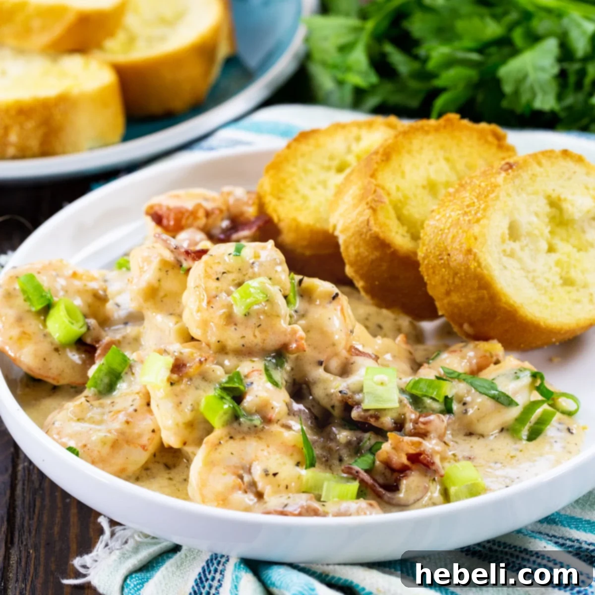 Velvety Garlic Parmesan Shrimp 2 Garlic Shrimp with Creamy Parmesan Sauce served with toasted baguette slices on a elegant plate, ready to be enjoyed.