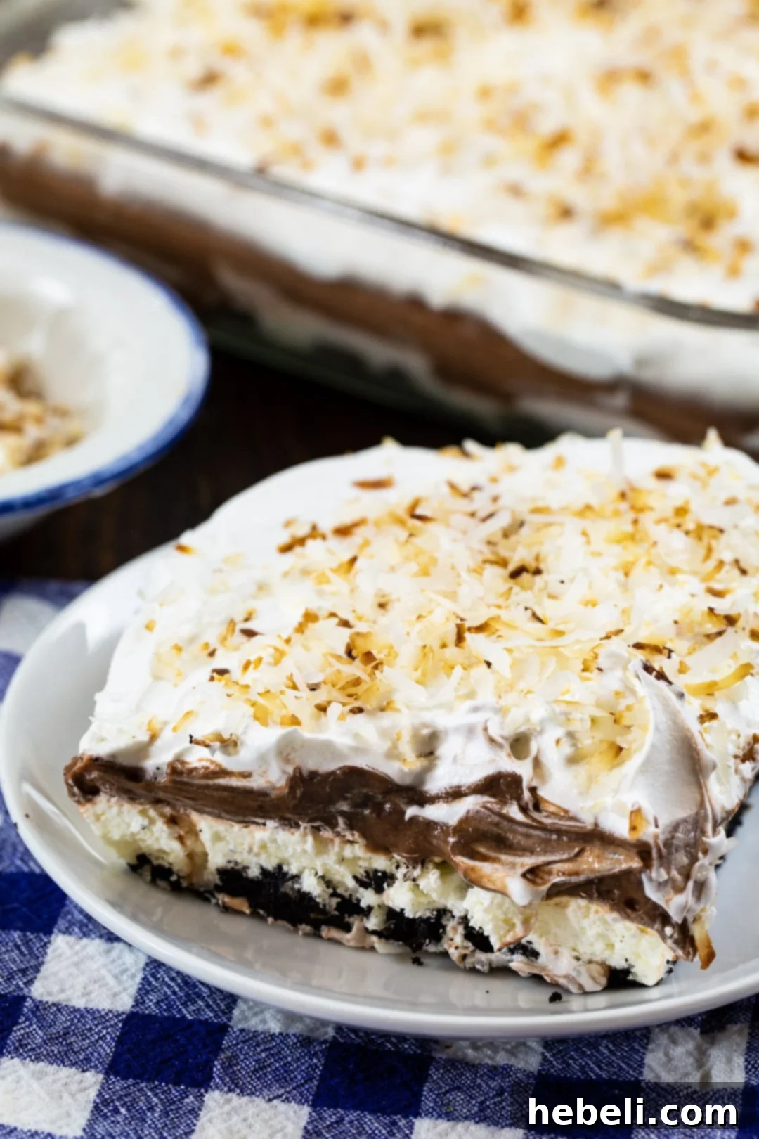 Velvet Chocolate Coconut Heaven 3 Slice of lush on a plate with baking dish full of lush in background.
