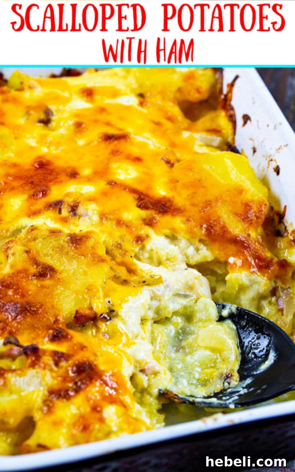Creamy Ham and Potato Bake 4 A serving spoon lifting a portion of creamy Scalloped Potatoes with Ham from a casserole dish, showing the delicious layers.
