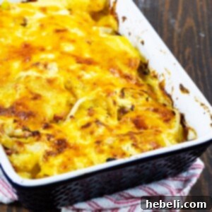 A rectangular baking dish filled with golden-brown scalloped potatoes and chunks of ham.