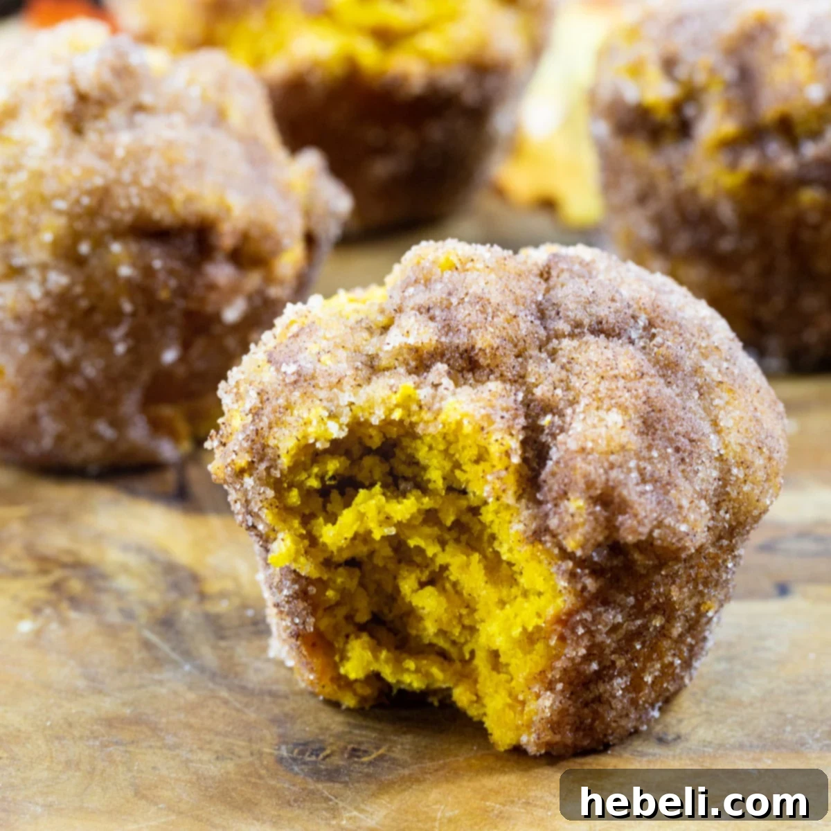 Close-up of a Pumpkin Doughnut Muffin with a bite taken out, showing its fluffy texture and golden-brown cinnamon sugar coating.