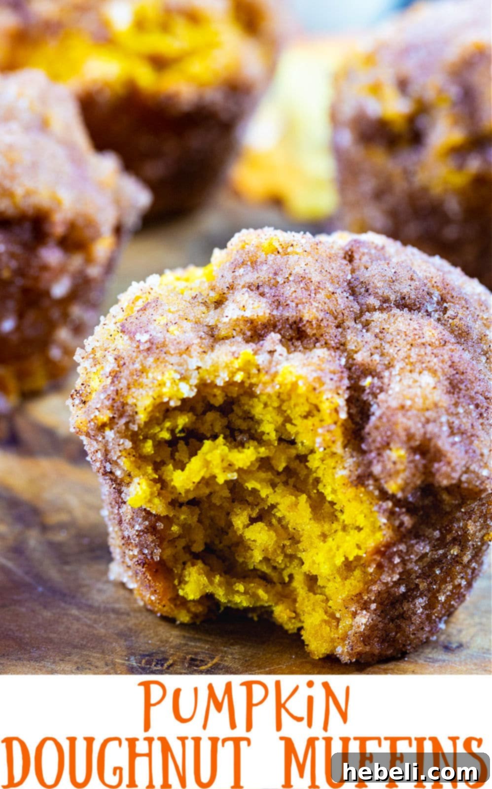 Close-up of a warm Pumpkin Doughnut Muffin, perfectly coated in cinnamon sugar, resting on a white surface.