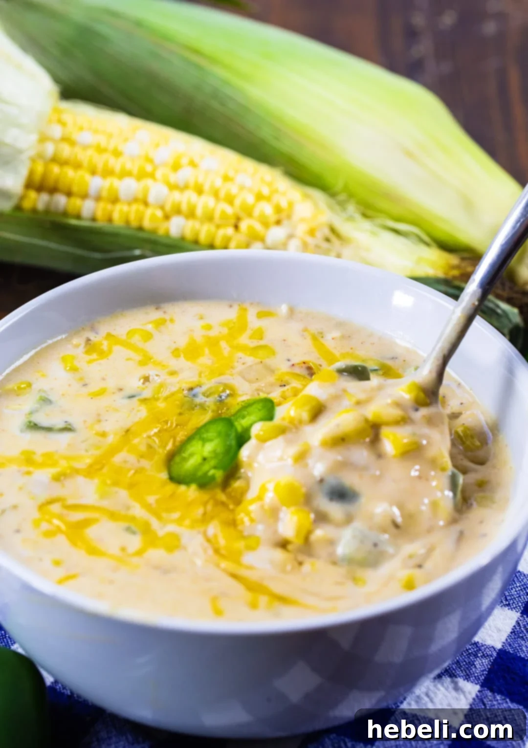 A bowl of Jalapeno Popper Corn Chowder, ready to be served.