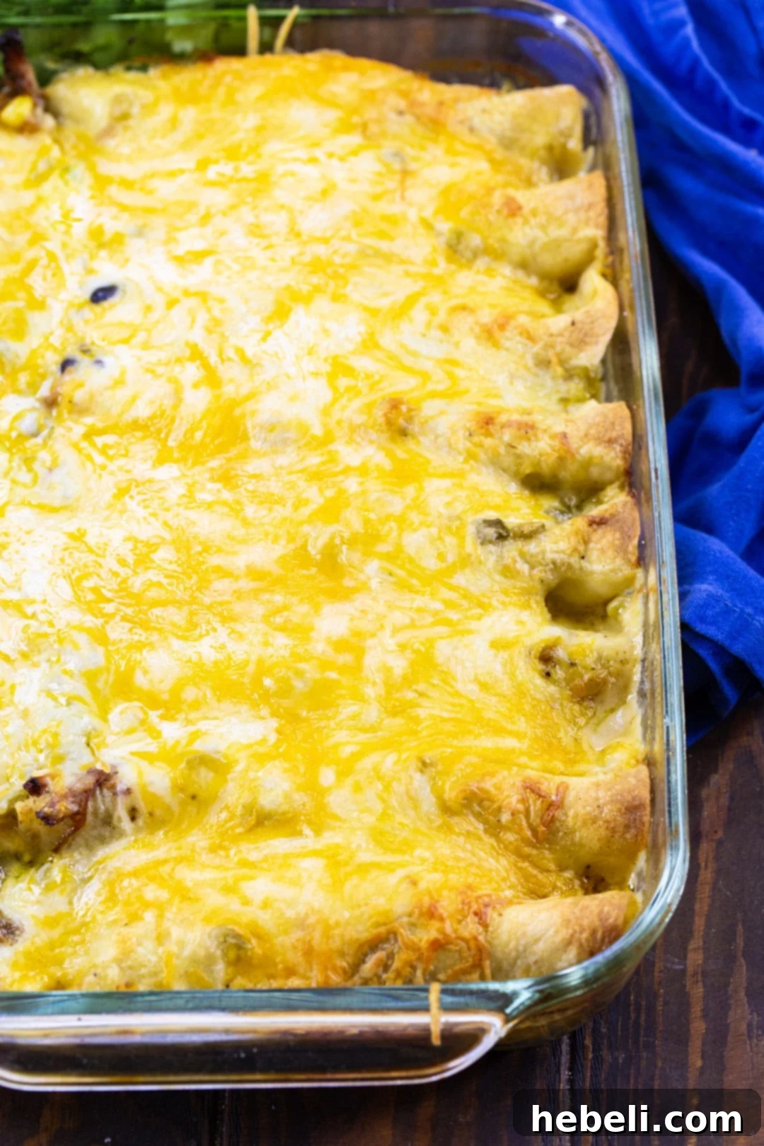A 9x13-inch baking dish filled with cooked Pulled Pork Enchiladas, golden brown and bubbly from the oven.