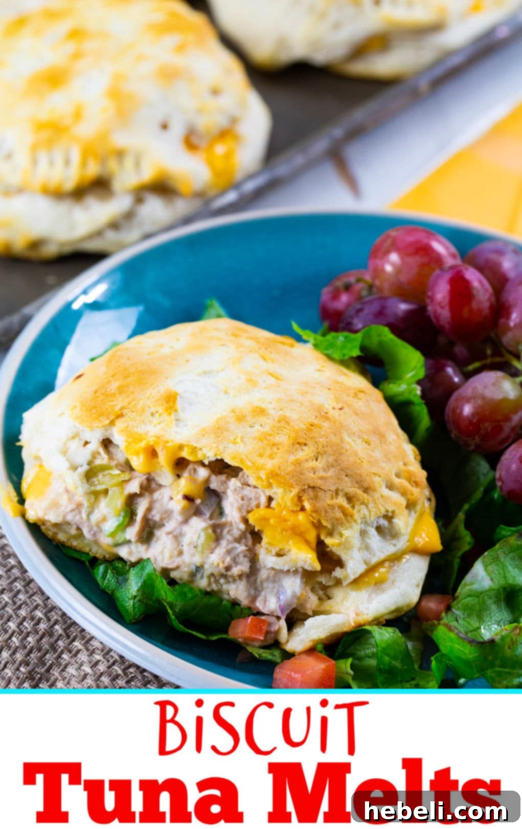Closeup of a freshly baked Biscuit Tuna Melt, showing the golden crust.