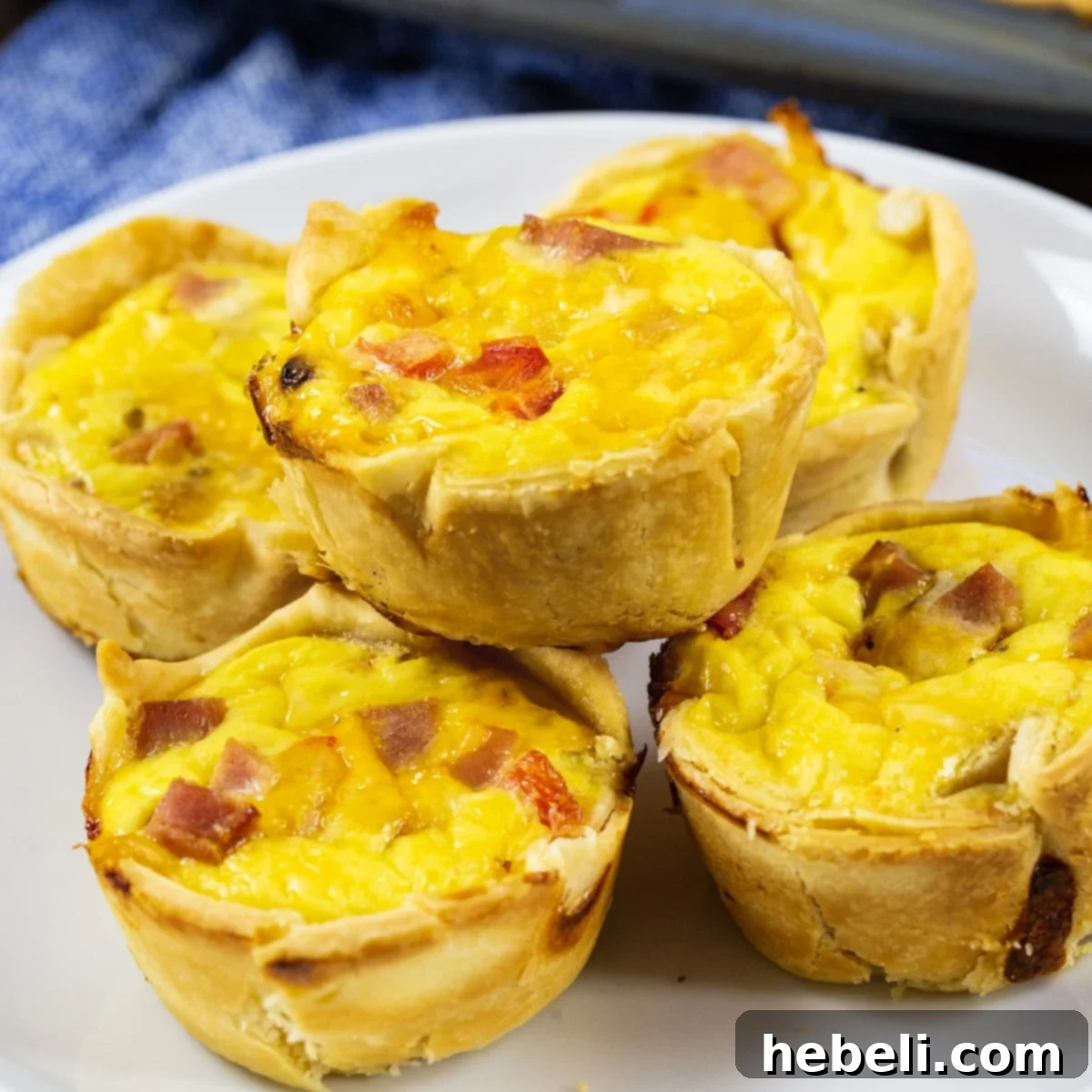 Golden brown Mini Ham and Cheese Quiche on a white plate, ready to be served.