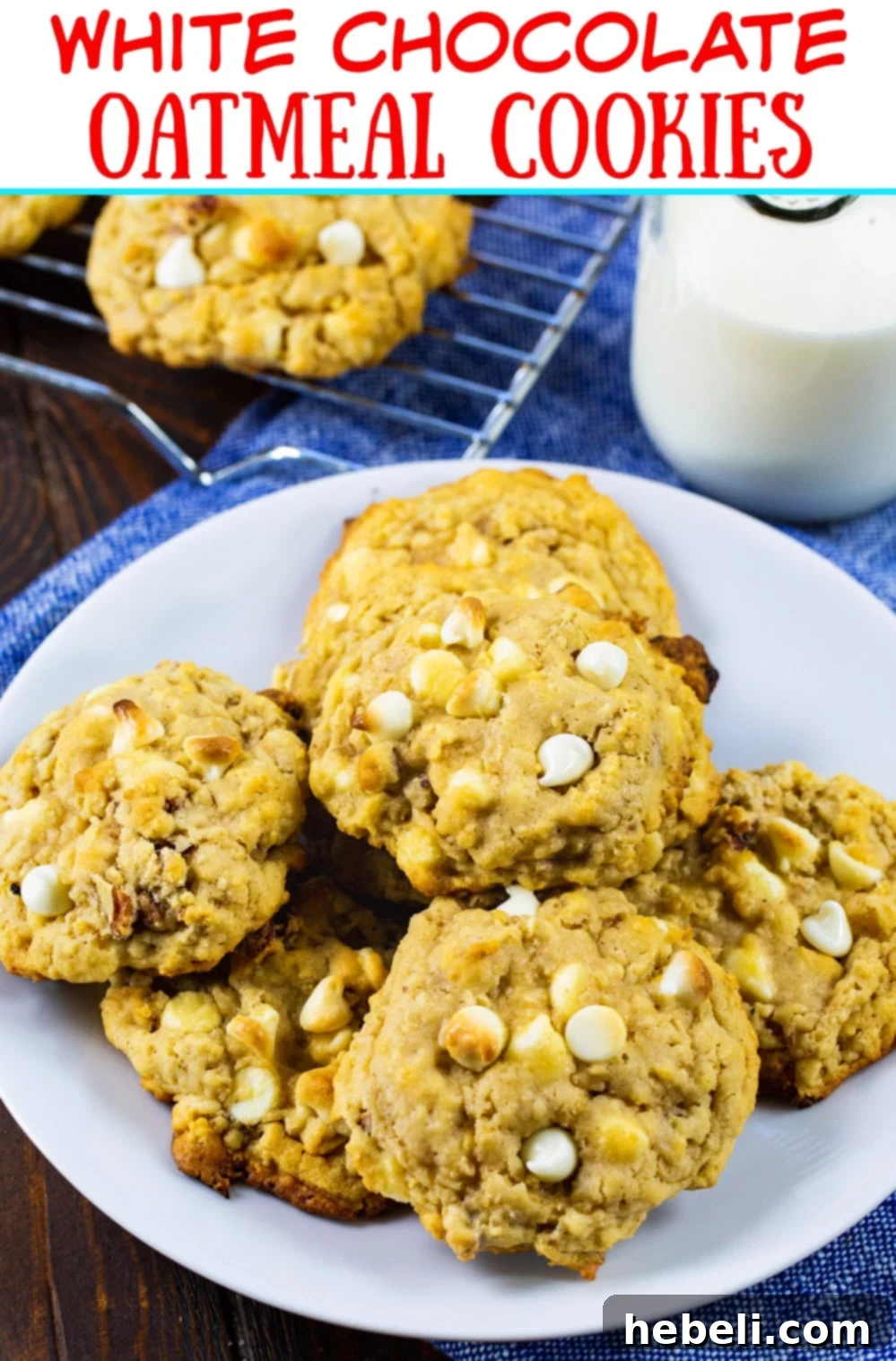 Perfectly Baked Oatmeal Cookies Close-up of freshly baked White Chocolate Oatmeal Cookies, highlighting the golden edges and soft centers.