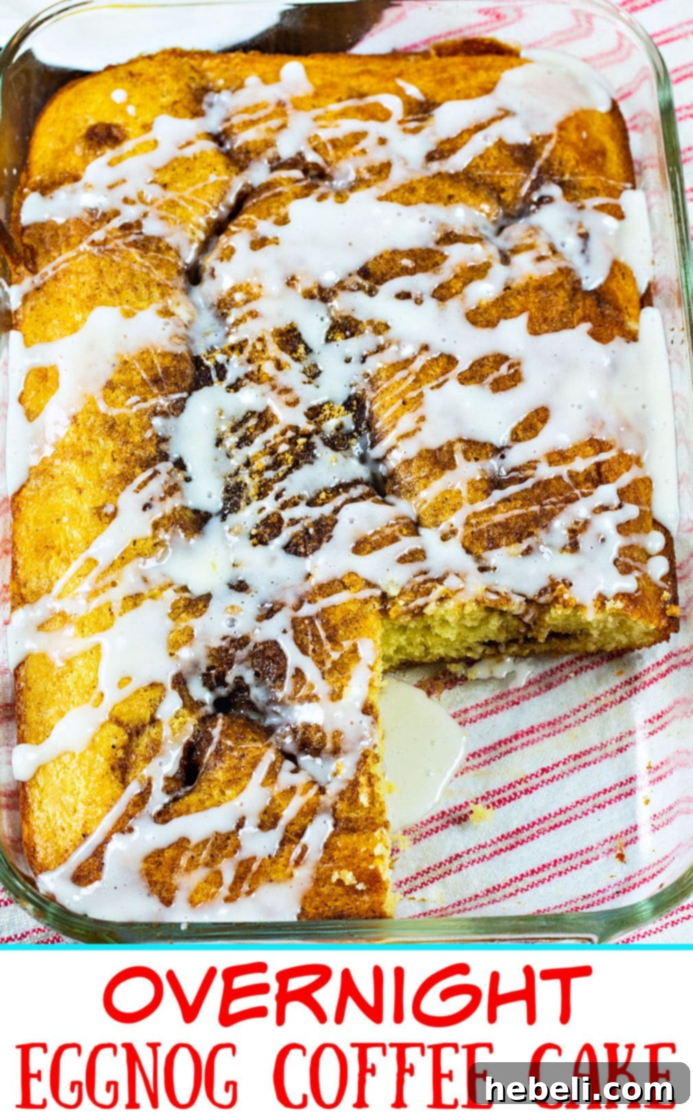 Baked Overnight Eggnog Coffee Cake in 9x13-inch pan, ready to be glazed.