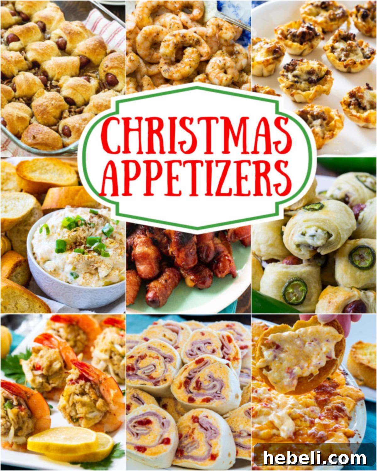 A vibrant collage of various Christmas appetizer recipes, showcasing an array of savory and sweet bites perfect for holiday entertaining.