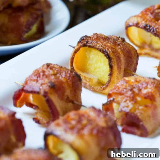 Spicy Bacon Wrapped Pineapple Bites on a serving platter, glistening with glaze.