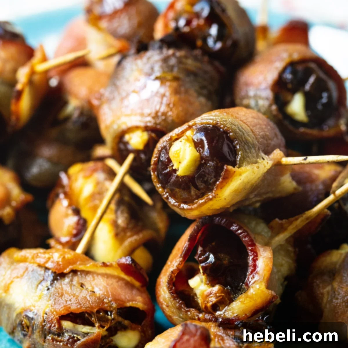 Bacon Wrapped Stuffed Dates, golden-brown and glistening, arranged on a serving plate.