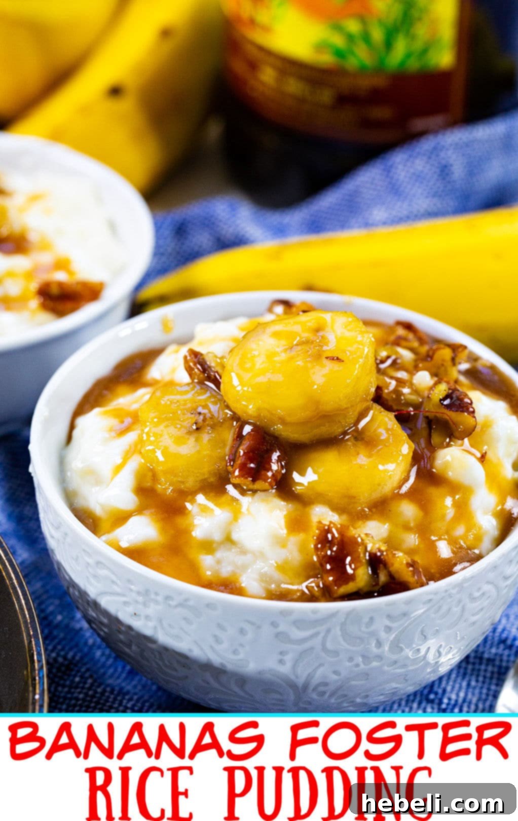 Bananas Foster Rice Pudding Delight 5 Close-up of Bananas Foster Rice Pudding with rich caramel sauce and pecans.