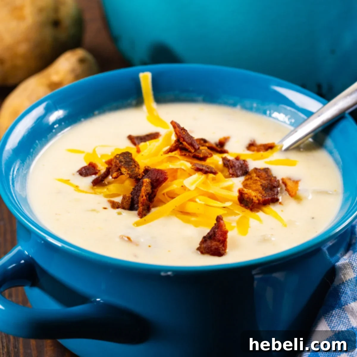 Loaded Bacon Potato Soup 2 A steaming bowl of Easy Bacon and Potato Soup garnished with fresh parsley and a sprinkle of black pepper, served in a rustic blue bowl, inviting warmth and comfort.