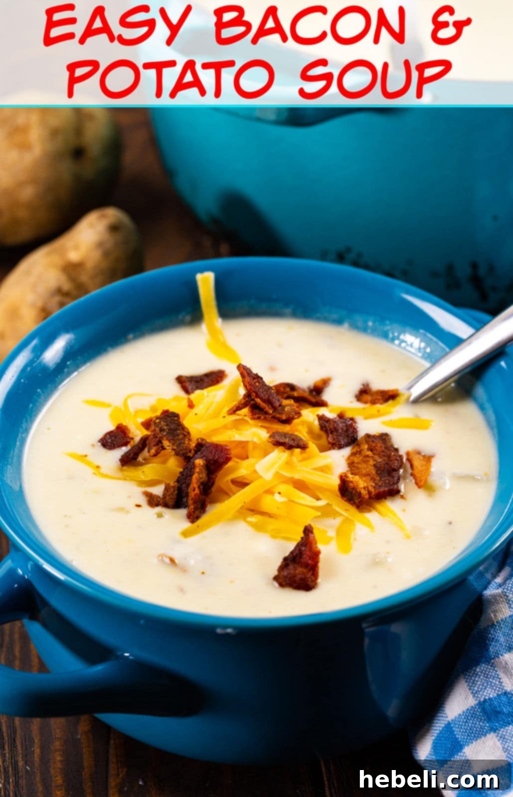 Loaded Bacon Potato Soup 5 A close-up of the rich, creamy texture of Easy Bacon and Potato Soup, highlighting the savory bacon bits, tender potato pieces, and the vibrant color of the broth.