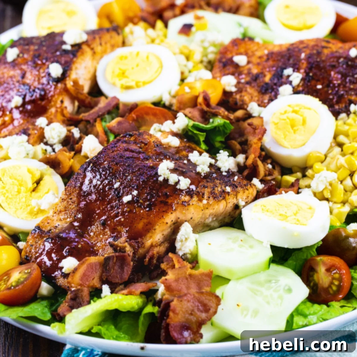 Smoky BBQ Salmon Cobb Salad 2 A beautifully presented BBQ Salmon Cobb Salad on a large, inviting plate, showcasing the array of colorful and fresh ingredients.