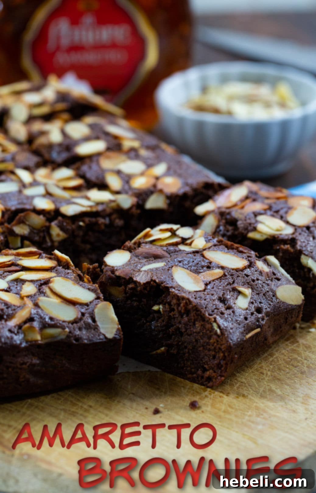 Decadent Amaretto Fudge Brownies 4 Close-up shot of Amaretto Brownies, highlighting their dense texture and almond topping.