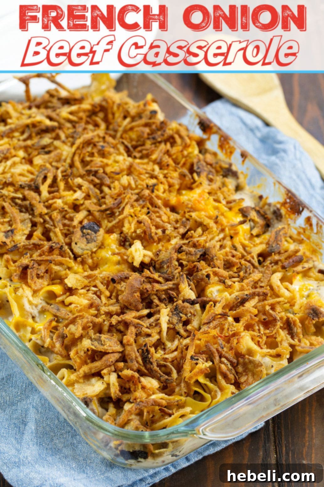A close-up of French Onion Ground Beef Casserole, showing the rich, creamy texture and golden-brown topping.