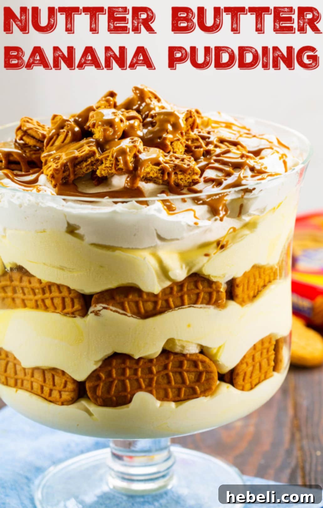 Nutter Butter Banana Pudding 4 Another view of the delicious Nutter Butter Banana Pudding in a trifle dish, ready for serving.