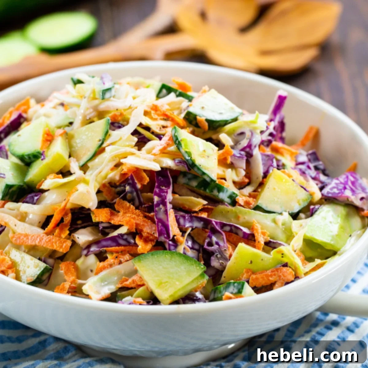 Fresh Cucumber Coleslaw in a elegant white bowl, garnished with a sprig of dill.