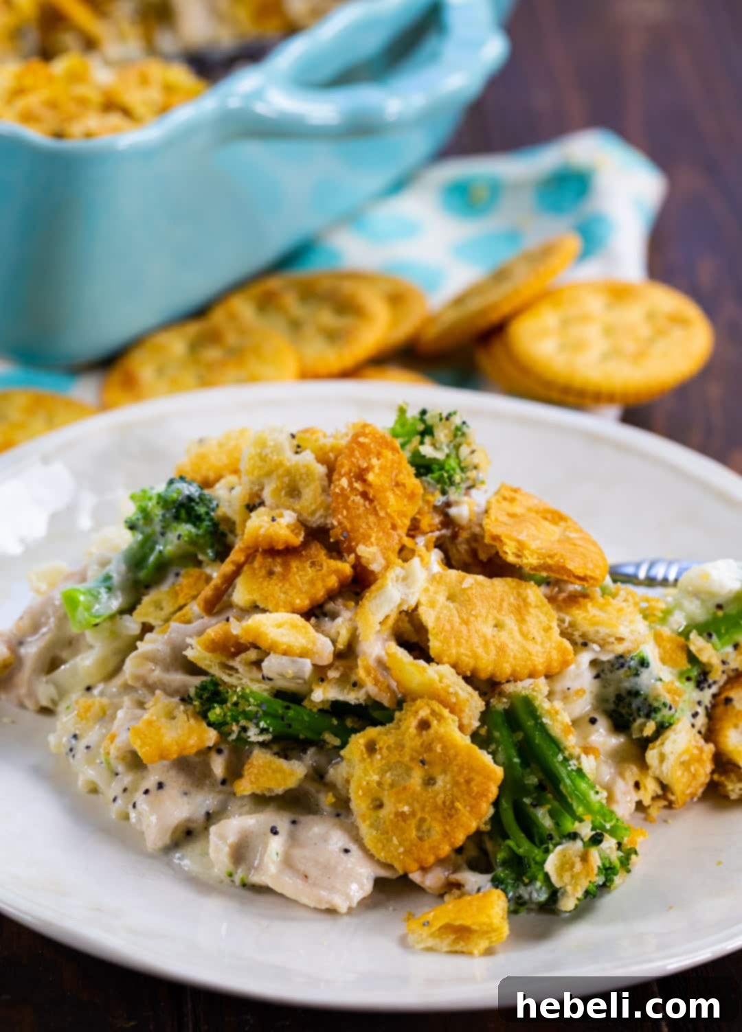Portion of Chicken Broccoli Poppy Seed Casserole served on a plate.
