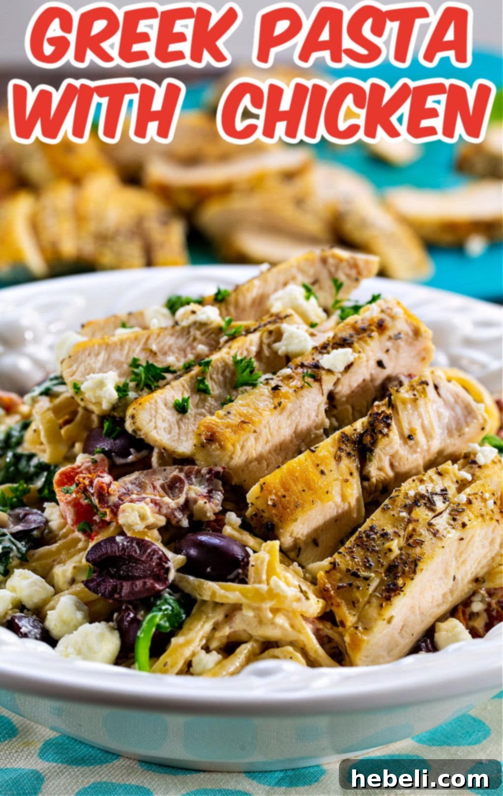 Zesty Greek Chicken Pasta 4 Greek Pasta with Chicken in pasta bowl.