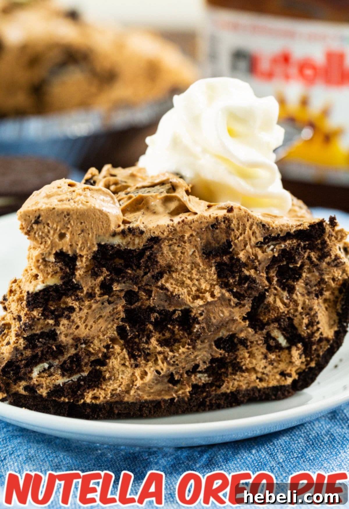 A generous slice of Nutella Oreo Pie, showcasing its rich, dark filling and crumbly crust.