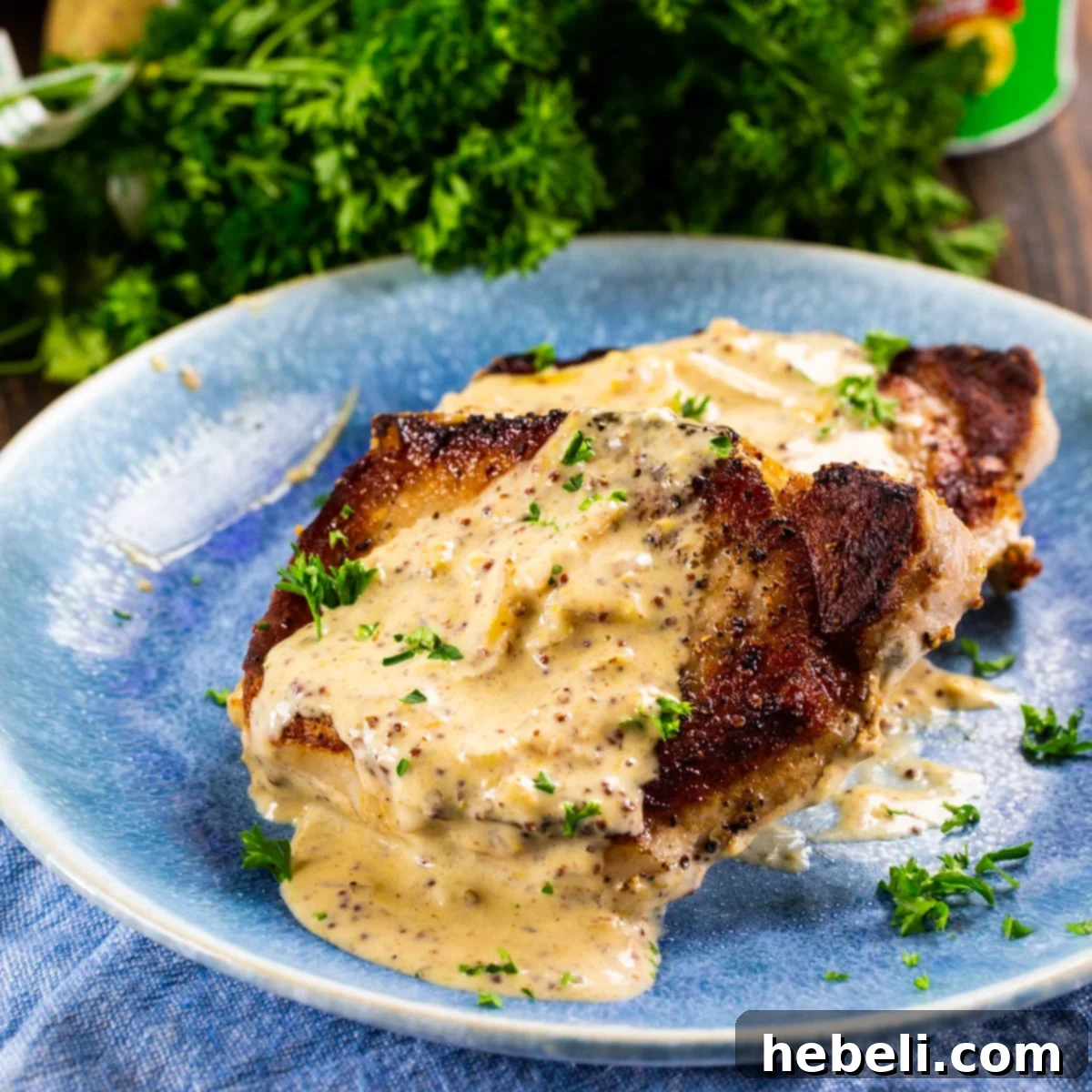 Perfectly seared Pork Chops with a rich Creole Mustard Sauce, garnished with fresh parsley on a white plate, ready to be served.
