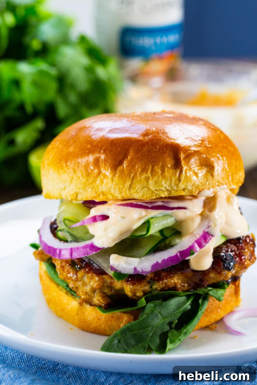 Teriyaki Chicken Burgers 4 A Teriyaki Chicken Burger on a plate, showcasing its rich glaze and fresh toppings.