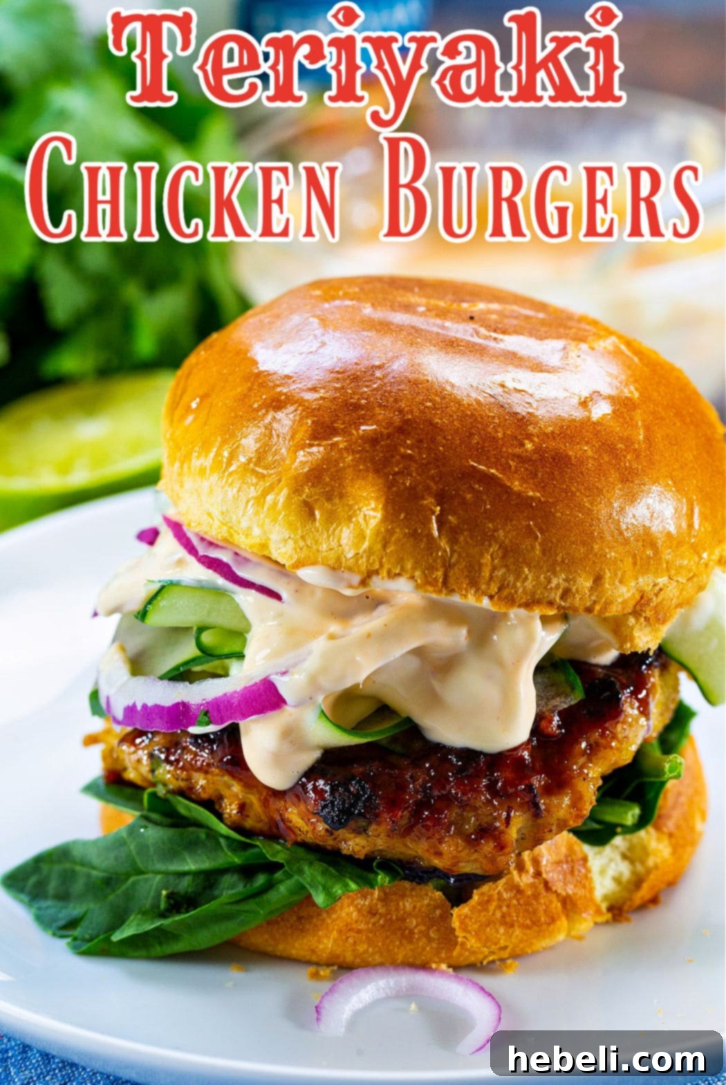 Teriyaki Chicken Burgers 5 A Teriyaki Chicken Burger served on a toasted bun with all the fixings.