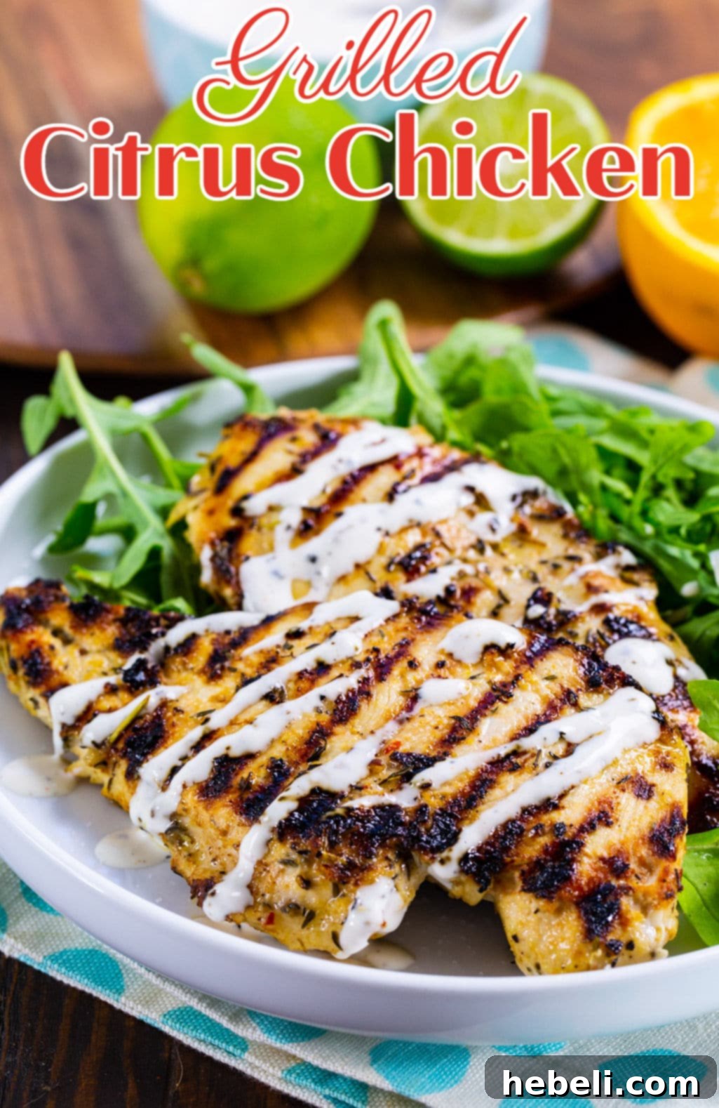 Sun-Kissed Grilled Chicken 4 Grilled Citrus Chicken drizzled generously with creamy white BBQ sauce, showcasing its delicious appeal.