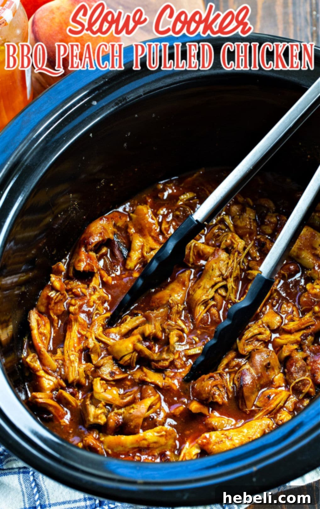 Slow Cooked BBQ Peach Pulled Chicken 3 BBQ Peach Pulled Chicken in slow cooker.