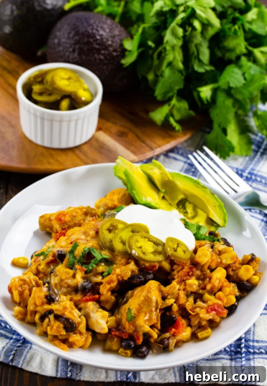 A portion of Mexican Chicken and Rice Casserole served on a plate, garnished with sliced avocado and cilantro.