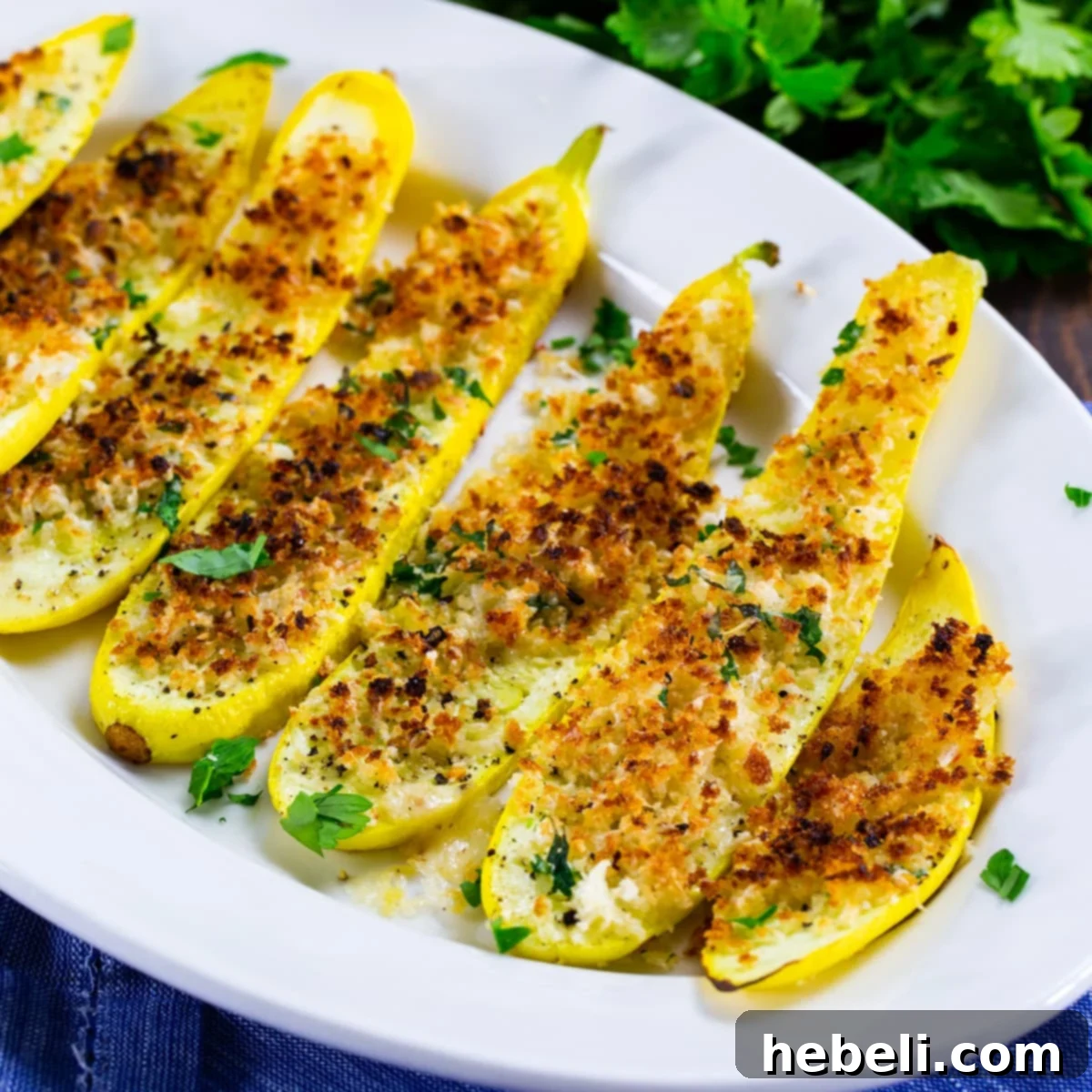Crispy Panko Parmesan Squash Fries 2 Golden brown Panko Parmesan Squash Planks arranged beautifully on a serving platter, ready to be enjoyed as a healthy summer side.