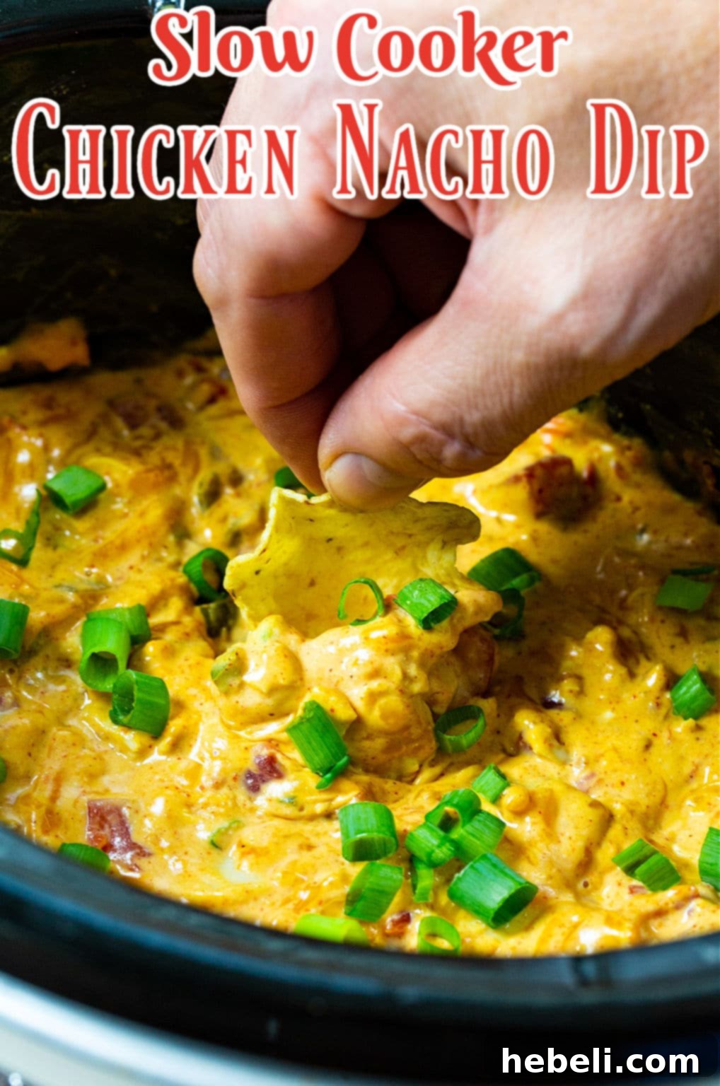 Game Day Slow Cooker Chicken Nacho Dip 4 Crispy tortilla chips scooping up a generous portion of cheesy chicken nacho dip.