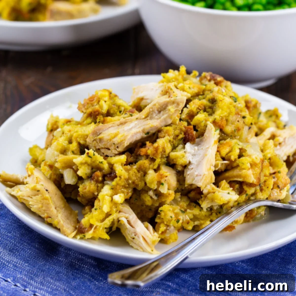 Instant Pot Chicken and Stuffing dished up on a plate.