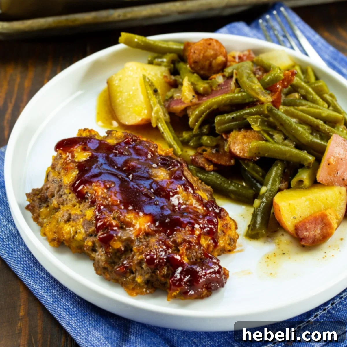 Delicious Mini BBQ Cheddar Meatloaves 2 Plated Mini BBQ Cheddar Meatloaf with fresh green beans, ready to be enjoyed.