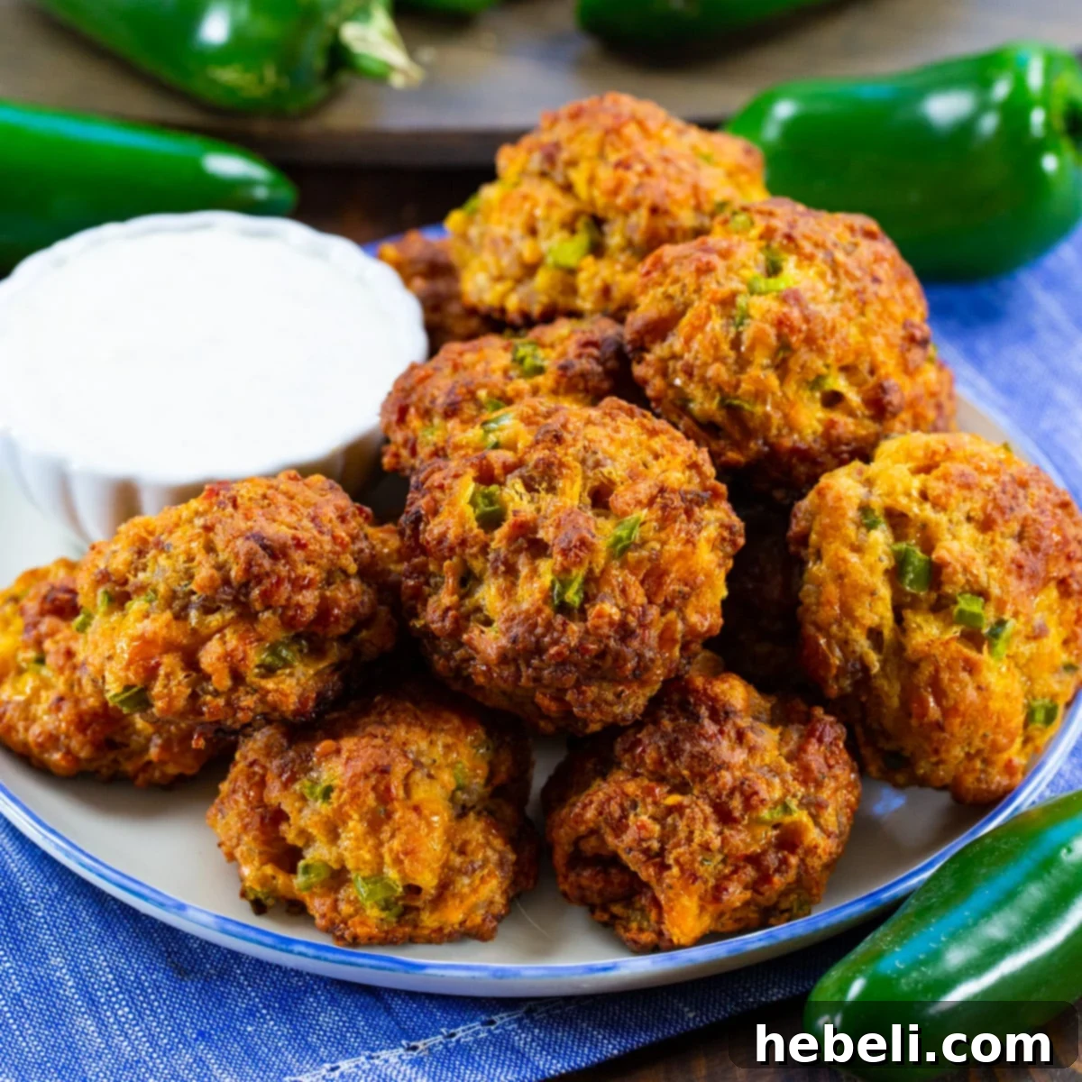 Spicy Jalapeno Sausage Bites 2 Delicious Jalapeno Sausage Balls arranged on a serving plate with a small bowl of creamy ranch dip.