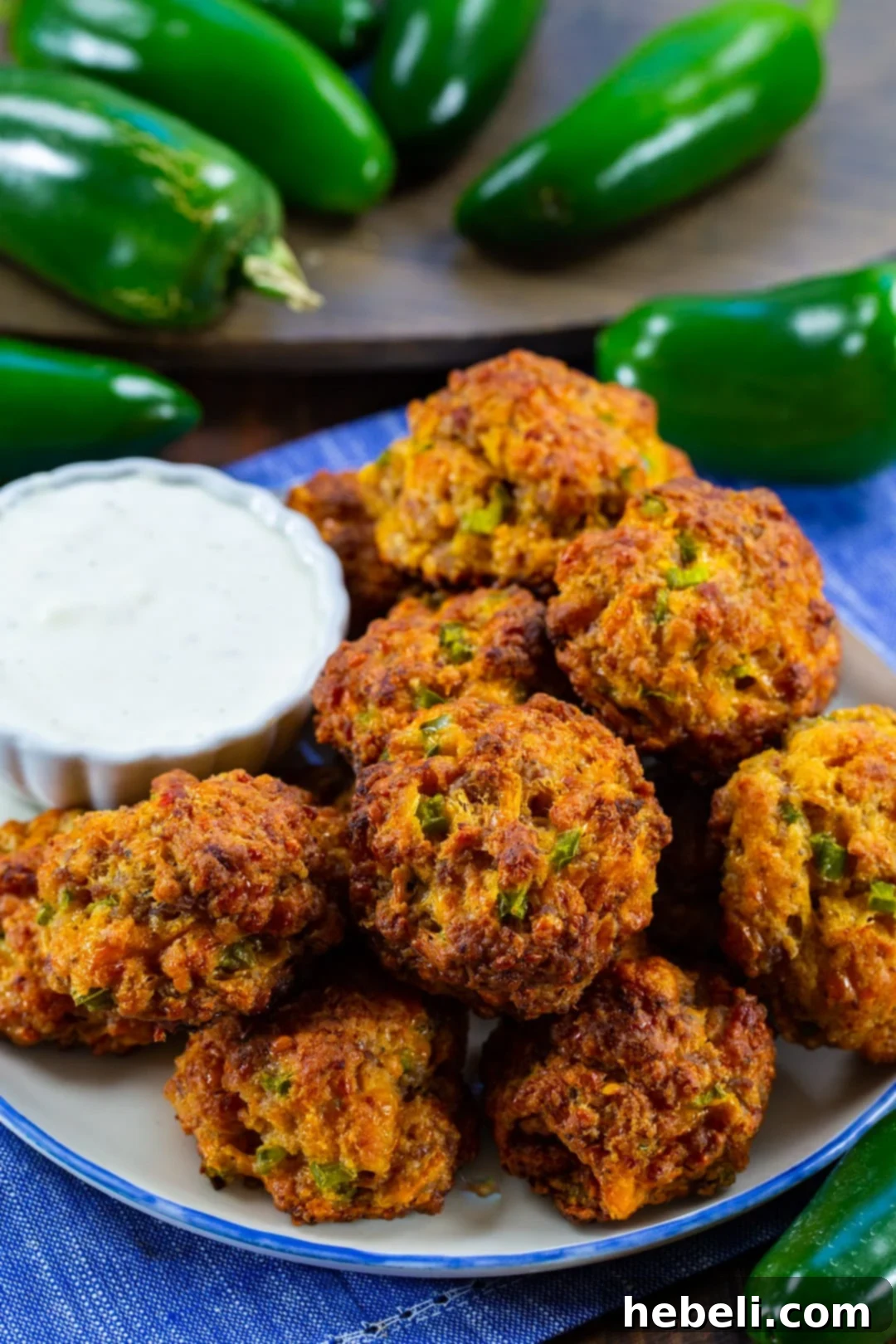 Spicy Jalapeno Sausage Bites 3 A plate of freshly baked Jalapeno Sausage Balls, garnished with whole jalapenos.