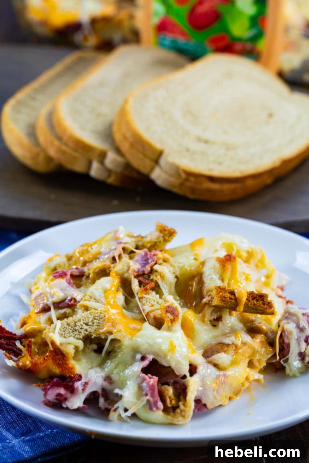 The Ultimate Reuben Casserole 7 A generous serving of Reuben Casserole on a plate, showcasing its layers and appetizing appearance.