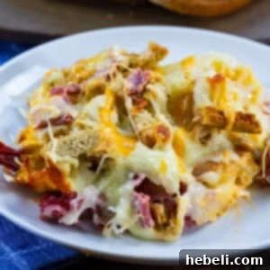 Top-down view of the Reuben Casserole in a square dish