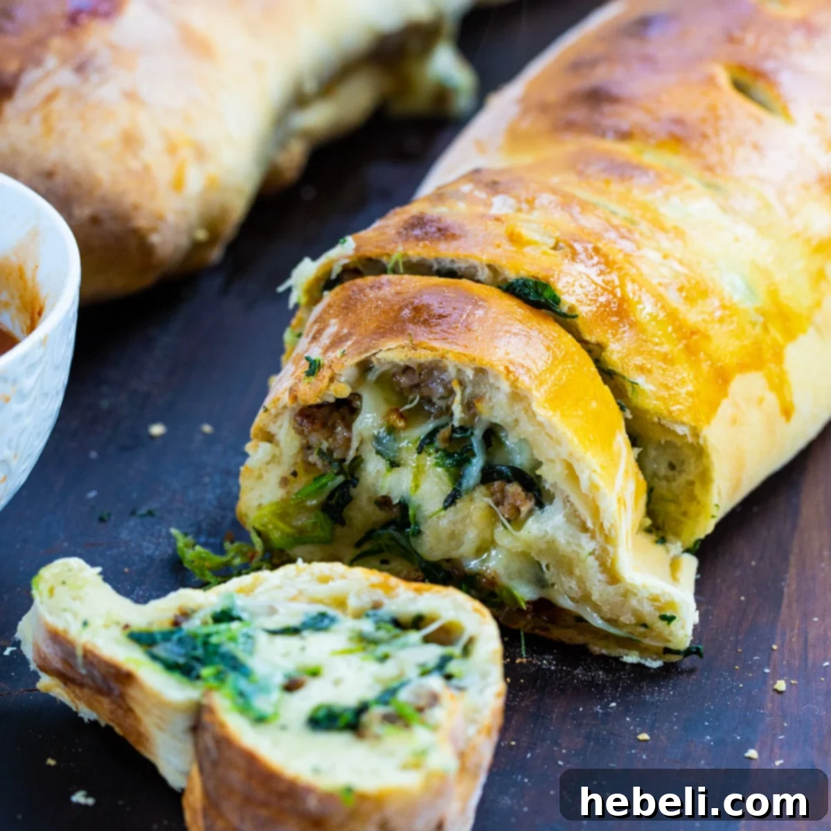 Savory Sausage and Spinach Swirl 2 Sausage Spinach Bread with a couple of slices cut, showing the cheesy, savory filling.