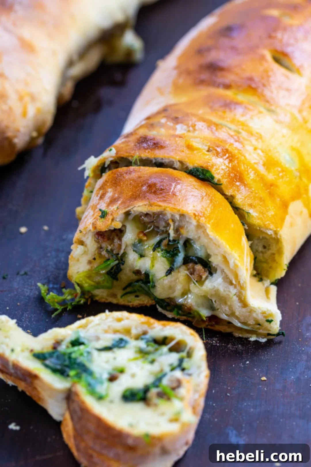 Savory Sausage and Spinach Swirl 12 Sausage Bread cut into thick slices, showcasing the spirals of filling.