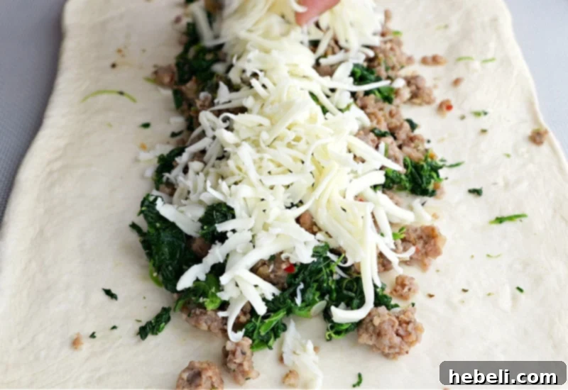 Savory Sausage and Spinach Swirl 8 Sprinkling shredded mozzarella and Parmesan cheese over the sausage and spinach filling on the dough.