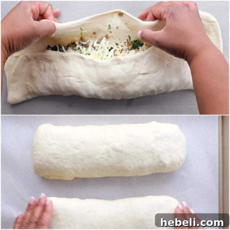Savory Sausage and Spinach Swirl 9 Rolling the filled bread dough jellyroll-style to form a compact loaf.